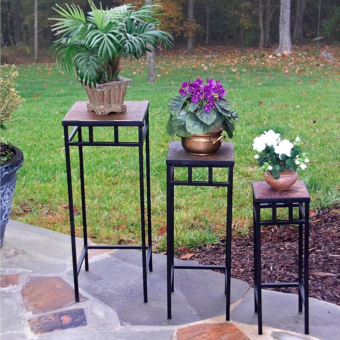 Zhongma Set of 3 Metal Plant Stand with Slate Top Fully Assembled Square Flower Shelf without Installation Required