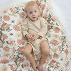 insular Cotton Muslin Baby Blanket with Tassel, Boho Bohemian Muslin Swaddle Blanket Baby Receiving Blanket with Fringe, Nursery Decor Throw or Nursing Blankets, 47" x40”, Floral&Bee
