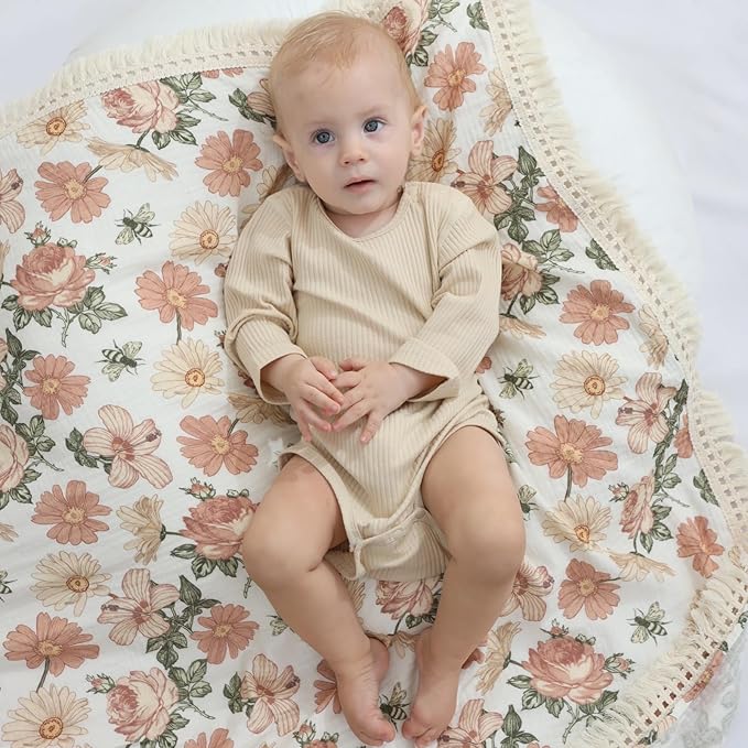 insular Cotton Muslin Baby Blanket with Tassel, Boho Bohemian Muslin Swaddle Blanket Baby Receiving Blanket with Fringe, Nursery Decor Throw or Nursing Blankets, 47" x40”, Floral&Bee