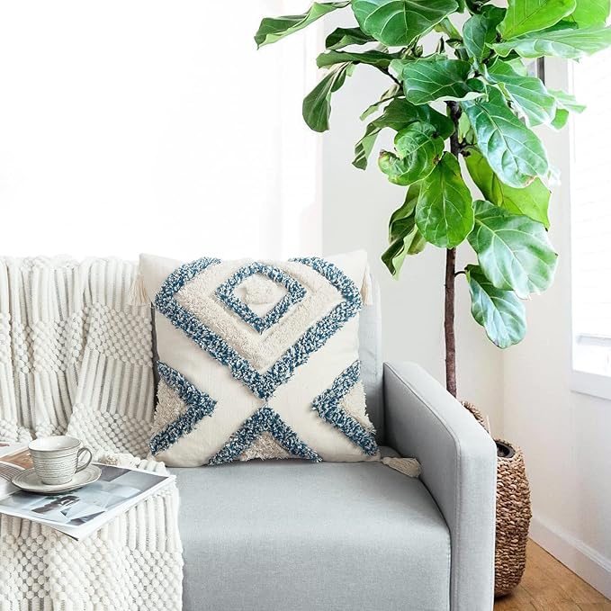 JASEN Blue and Beige Boho Decorative Throw Pillow Cover, Woven Tufted Pillow Cover with Tassels Diamond Pattern Pillow Covers 18x18 for Couch Sofa Bedroom Living Room(No Pillow Insert