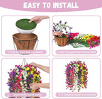 Artificial Flowers with Hanging Basket, Outdoor Faux Plants Silk Morning Glory Vines, Fake Petunias for Garden Patio Spring Summer Decor, 12 pcs Mixed Color