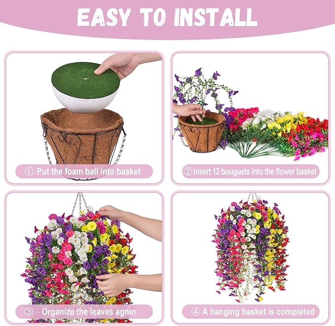 Artificial Flowers with Hanging Basket, Outdoor Faux Plants Silk Morning Glory Vines, Fake Petunias for Garden Patio Spring Summer Decor, 12 pcs Mixed Color