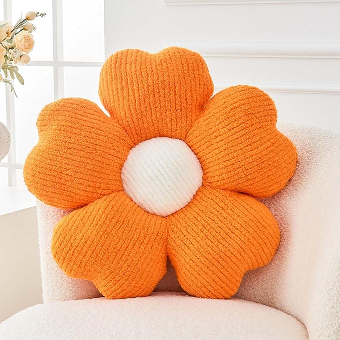 Flower Throw Pillow, Cute Flower Shaped Pillow Decorative Throw Pillow for Bed Couch, Soft Daisy Pillows Floor Seating Cushion Cushions (14.9 Inch Orange)