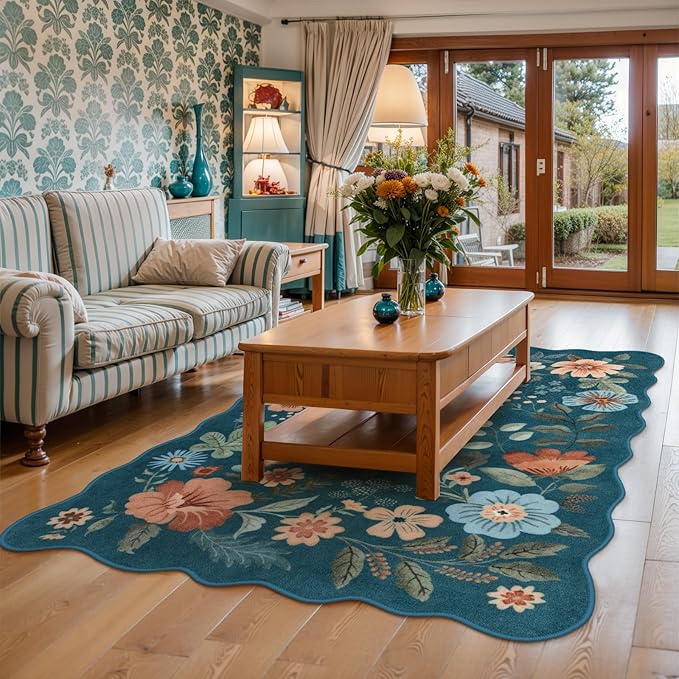 Lahome Floral Washable Rugs for Bedroom, 4X6 Area Rug Ultra-Thin Soft Living Room Rug, Non-Slip Classroom Rug Stain Resistant Boho Rug Low-Pile for ‎‎Nursery Office Flore (4x6ft,Navy Blue)