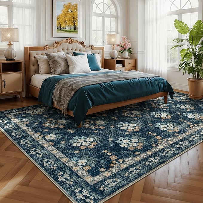 Lessymo Floral Living Room Rug 8x10 Area Rugs, Vintage Washable Rugs for Dining Room Bedroom, Low Pile Non Slip Rubber Mat, Distressed Indoor Boho Carpet, Navy/Beige