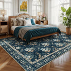 Lessymo Floral Living Room Rug 8x10 Area Rugs, Vintage Washable Rugs for Dining Room Bedroom, Low Pile Non Slip Rubber Mat, Distressed Indoor Boho Carpet, Navy/Beige