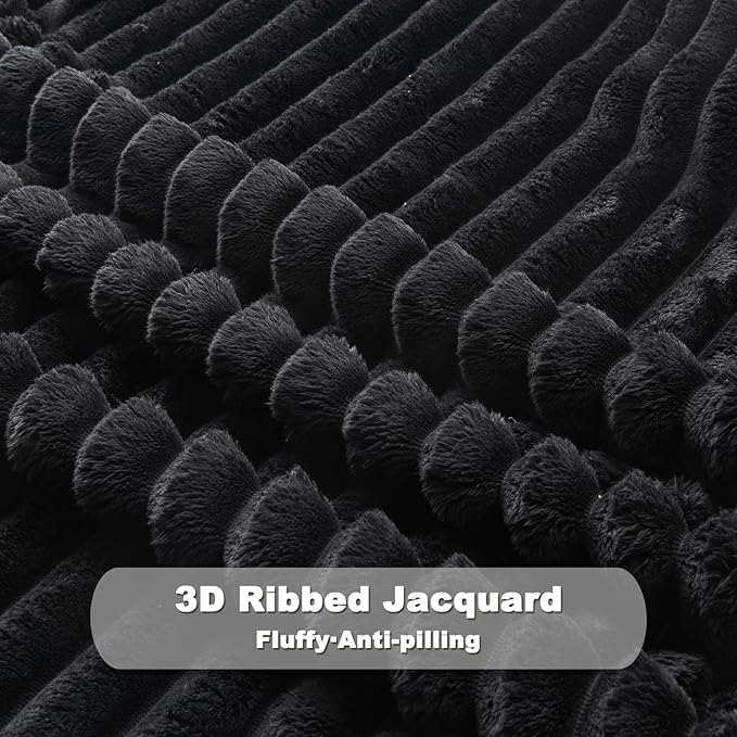 NEWCOSPLAY Super Soft Queen Blanket Black Premium Silky Flannel Fleece 3D Ribbed Jacquard Lightweight Bed Blanket All Season Use (Black Ribbed, Queen(90"x90"))