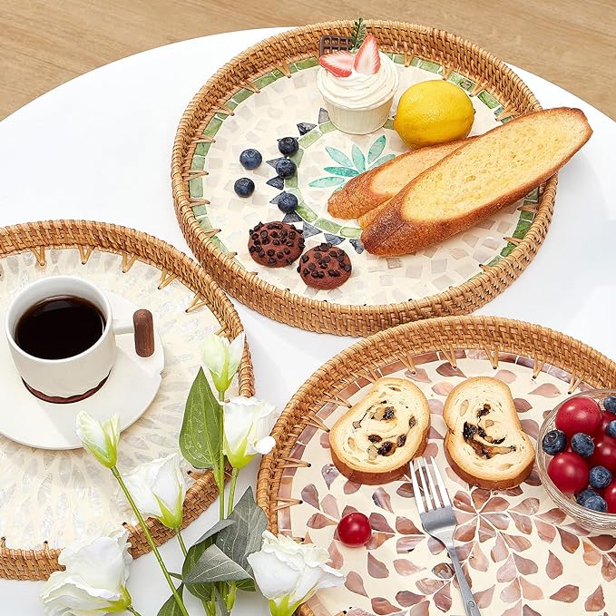 Round Rattan Tray with Mother of Pearl Inlay, Rattan Serving Tray with Wooden Base, Decorative Wicker Basket for Table Decor, Storage and Display of Coffee Bread Food Fruit (Bohemia)