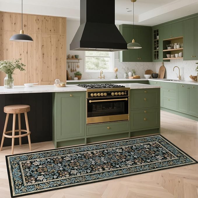 GarveeHome Kitchen Runner Rug 2.5x8 Runner Rug Non Slip Washable Runners for Hallways, Boho Vintage Rugs with Rubber Backing Soft Low-Pile Indoor Carpet for Entryway Bedroom Blue Black