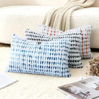Boho Chenille Tufted Pillow Cover 12x20 Inch Set of 1, Farmhouse Striped Decorative Pillow Covers Accent Fluffy Neutral Lumbar Pillowcases for Couch Sofa Bedroom Living Room, Blue White