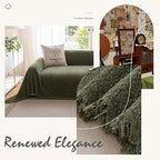ROOMLIFE Green Sofa Cover, Vintage Boho Couch Cover for 3 Cushion Sofa, Non Slip Soft Chenille Sofa Slipcovers for Dog, Washable Furniture Sofa Protector Cover with Tassel for Living Room, 71''X150”