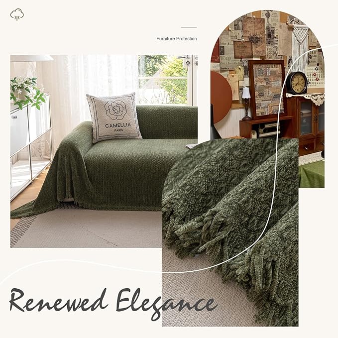ROOMLIFE Green Sofa Cover, Vintage Boho Couch Cover for 3 Cushion Sofa, Non Slip Soft Chenille Sofa Slipcovers for Dog, Washable Furniture Sofa Protector Cover with Tassel for Living Room, 71''X150”