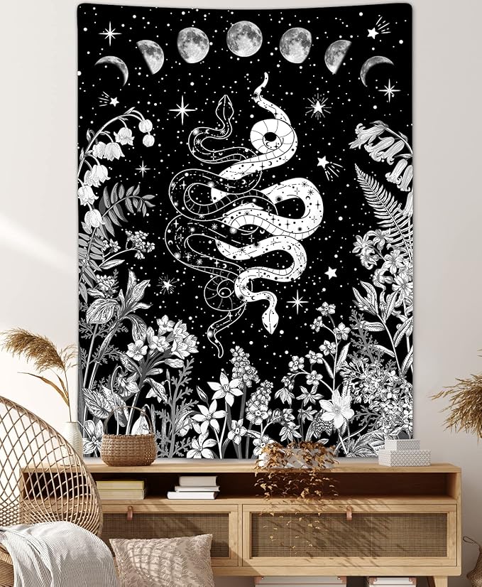VEIGIKE Witchy Snake Vertical Tapestry, Trippy Black and White Floral Moon Phase Cool Tarot Tapestry Wall Hanging for Bedroom Aesthetic, Nature Tapestries Poster Blanket College Dorm Decor (40X60)