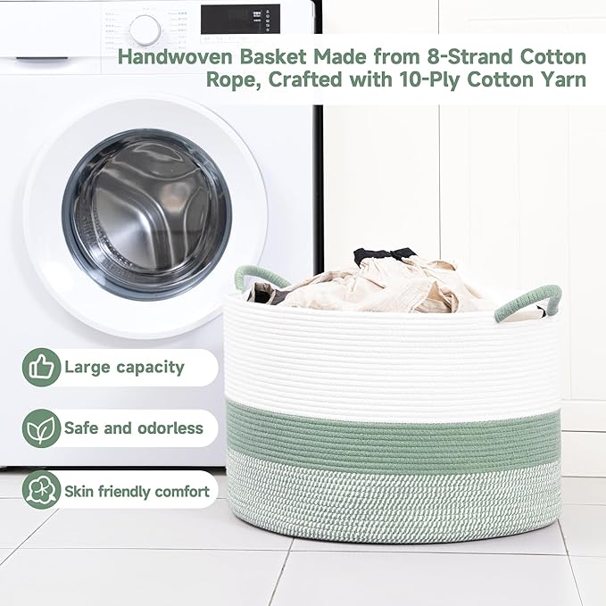 CLHMILY&Z Round Cotton Rope Storage Basket - 22x14.2 Inches - Cute Nursery Bin, Baby Toy Organizer, Green Organizer for Home Decor, Multi-Purpose Home Tidy Solution