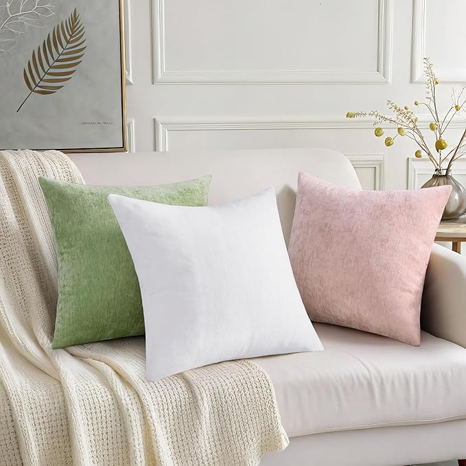 decorUhome Chenille Blush Pink Spring Valentine’s Day Throw Pillow Covers 18x18 Inch Set of 2, Decorative Soft Couch Pillow Covers Solid Dyed Accent Farmhouse Neutral Square Pillow Cases for Sofa