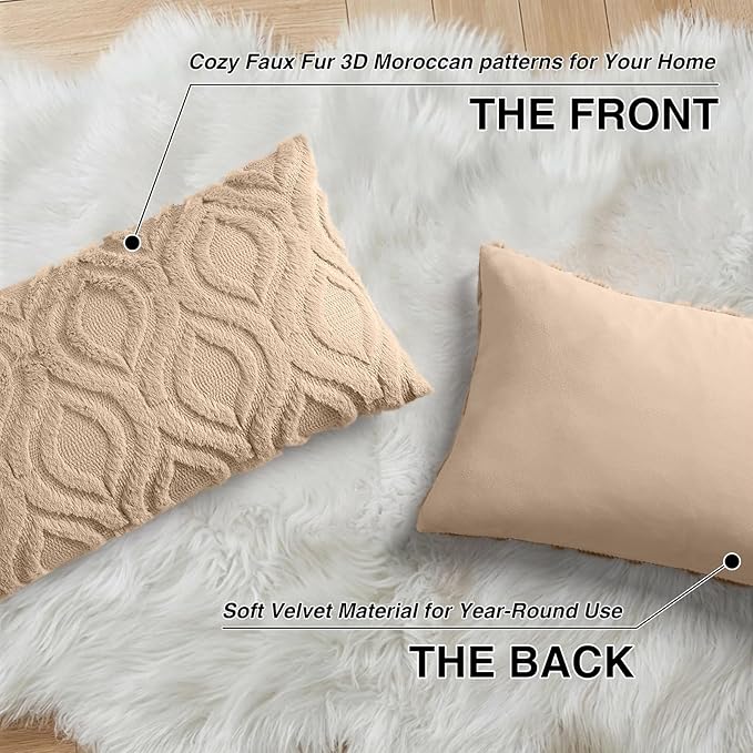 decorUhome Cozy Textured Throw Pillow Covers 12x20 Inch Set of 2, Soft Plush Faux Wool Light Khaki Accent Couch Pillow Covers for Modern Farmhouse Sofa Bed Living Room