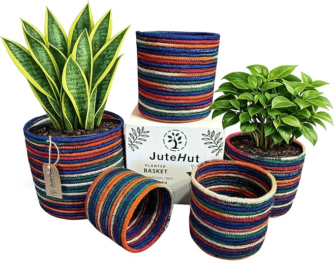 Planter Basket Set – 5-Piece Handwoven Jute Planter Basket for Home Decor, Nursery, or Indoor Plants (5'' to 8'' Diameter, 4.75'' to 7.75'' Height) – Fold & Wrinkle Free - Rainbow Stripe
