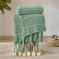 Boho Knitted Chenille Blanket with Tassels - Lightweight & Soft All-Season Throw - 3D Classic Pattern for Living Room Bedroom Couch, Sage Green, King 90"x108"