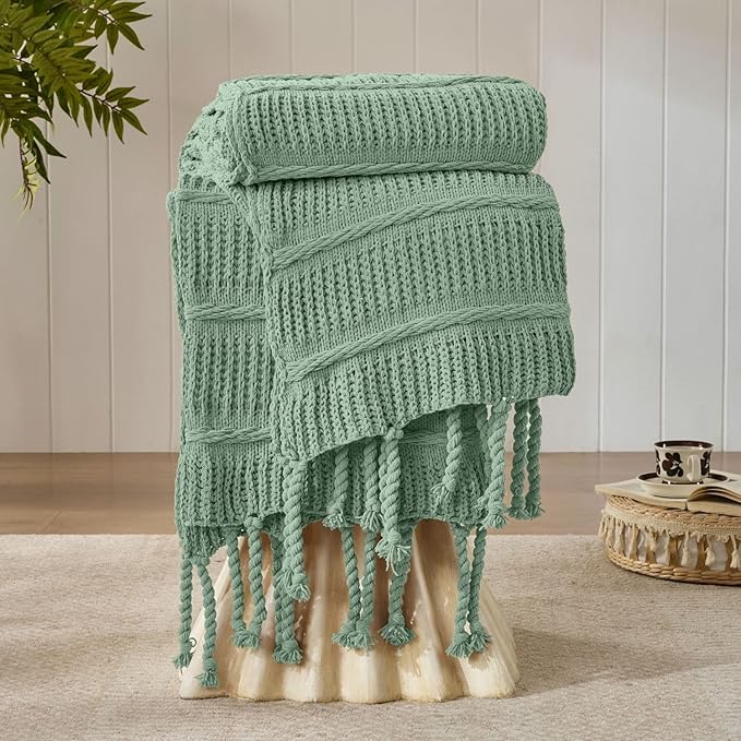 Boho Knitted Chenille Blanket with Tassels - Lightweight & Soft All-Season Throw - 3D Classic Pattern for Living Room Bedroom Couch, Sage Green, King 90"x108"