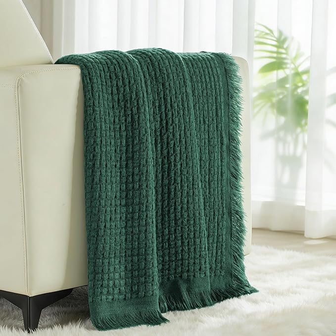 Exclusivo Mezcla Twin Size Knit Blanket with Fringes for Bed, Reversible Super Soft and Warm Woven Boho Throw for All Season, Home Decor, 60"x80", Forest Green