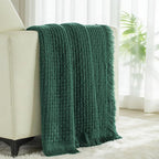 Exclusivo Mezcla Twin Size Knit Blanket with Fringes for Bed, Reversible Super Soft and Warm Woven Boho Throw for All Season, Home Decor, 60"x80", Forest Green