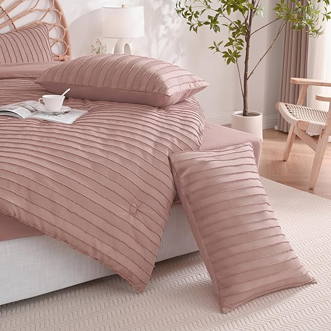 JELLYMONI Pillowcases King Size Smokey Pink 2 Pack Boho Striped Bed Pillow Covers 20x36in Polyester Envelope Pillow Shams Tufted Bohemian Textured (Pillows are not Included)