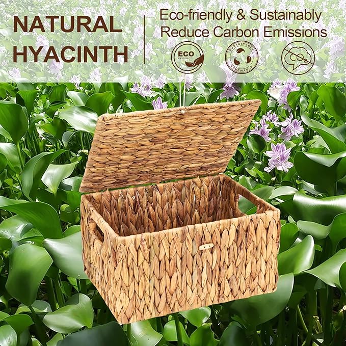 FairyHaus Wicker Storage Baskets with Lids, Set of 2, Natural Water Hyacinth, Rectangular, Large 13"x10"x7" & Small 11.2"x8.3"x5.7"