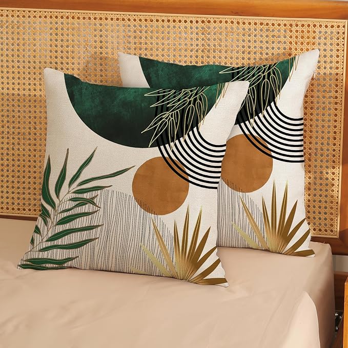 Boho Pillow Covers 18x18 Set of 2 Gold Green Throw Pillows Modern Mid Century Pillowcase Tropical Leaves Orange Sun Decorative Pillows Outdoor Decorations Bohemian Cushion Case for Sofa Home