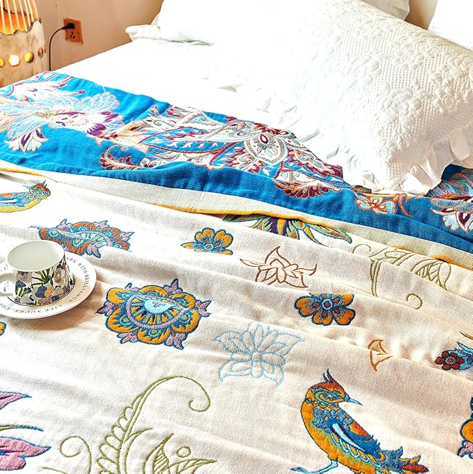 Boho Throw Blanket, 100% Organic Cotton Breathable Skin-Friendly Ultra Soft Bed Quilt Throw - All Season Floral Bird Farmhouse Décor Luxury Blanket for Sofa Couch Chair and Gift. 60" x 80"