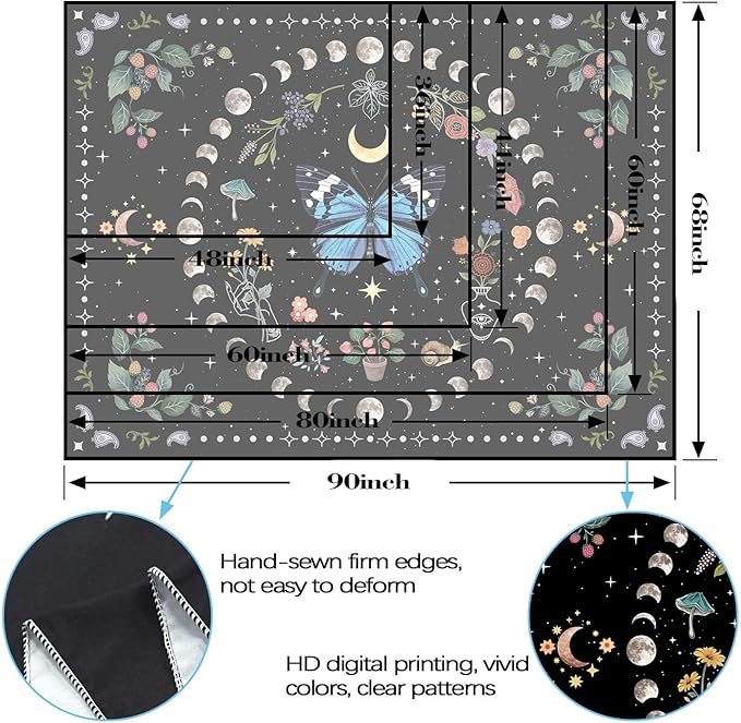 Aipon Blue Butterfly Moon Flower Tapestry Botanical Boho Plant Floral Tapestry for Bedroom Aesthetic Hippie Vintage Tapestries Wall Hanging for Living Room Dorm (60.00'' × 80.00'', Blue)