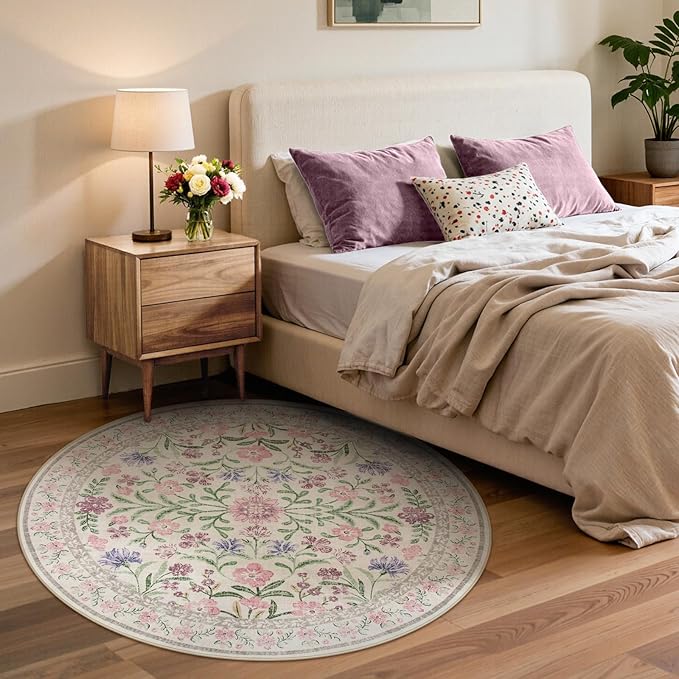 Lahome Sylvie Purple 6 ft Circle Rug Washable, Floral Accent Round Rug for Girls Bedroom Decor, Non-Slip Accent Circular Carpet for Nursery Calm Corner Seating Area