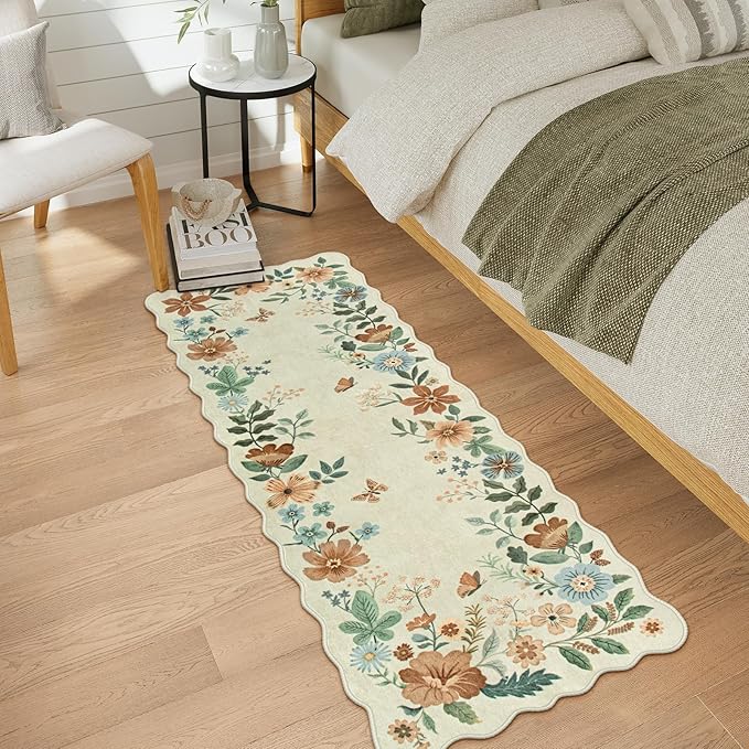 Lahome Floral Kitchen Runner Rug, 2x5 Rug Runners for Hallways Non Slip Ultra-Thin Soft Washable Carpet Runner, Non Slip Low-Pile Boho Carpet for Bathroom Bedroom Flore (2x5ft,Beige)