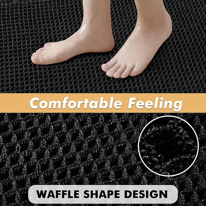 MIULEE Set of 2 Waffle Bathroom Rugs, Boho Bath Rugs Non Slip Washable, Super Absorbent Bath Mats, Ultra Soft Rubber Backed Shower Mats for Bathroom Floor, Tub and Shower, Black, 17x24 Inch