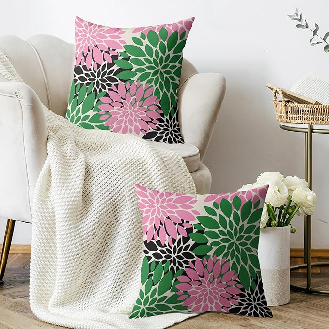 Pink Green Black Pillow Covers 22X22 Inch Set of 2, Modern Dahlia Floral Print Decorative Throw Pillow Covers Outdoor Farmhouse Cushion Case for Home Couch Sofa Bed Decoration