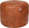 Thgonwid Unstuffed Faux Leather Pouf Cover Handle, Footstool Ottoman Storage Solution, Floor Footrest Cushion, 16.5”Dx12”H, No Filler, (Pocket-Handle) Amaretto