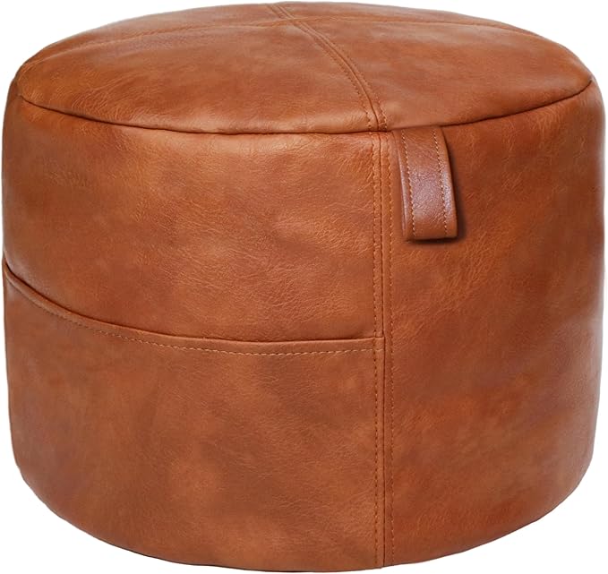 Thgonwid Unstuffed Faux Leather Pouf Cover Handle, Footstool Ottoman Storage Solution, Floor Footrest Cushion, 16.5”Dx12”H, No Filler, (Pocket-Handle) Amaretto