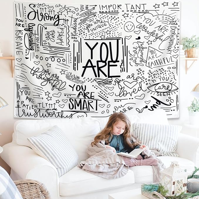 KJHL Black and White Inspirational Quote You Are Wall Tapestry Classroom Kids Tapestries Wall Hanging Motivational Positive Affirmations Saying Wall Decor Aesthetic Tapestry for Bedroom Dorm