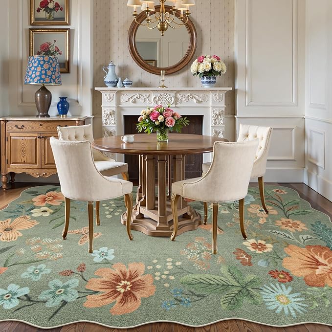 Lahome Floral 9x12 Area Rugs for Living Room Bedroom, Soft Washable Rugs 9x12 Stain Resistant, Ultra-Thin Non-Slip Boho Dining Room Rug Accent Carpet for Office Flore (9x12ft,Green)