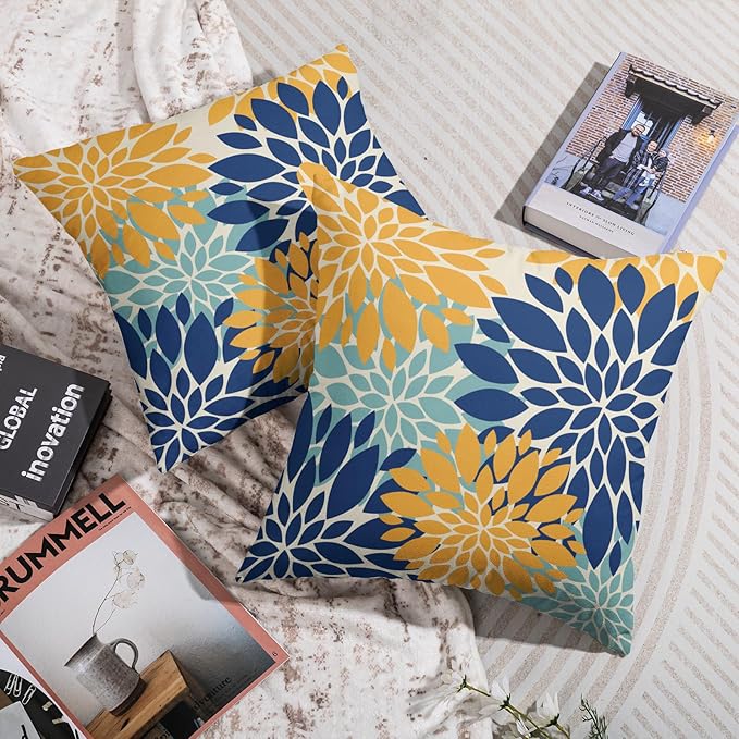 Yellow Blue Aqua Pillow Covers 18X18 Inch Set of 2, Summer Floral Dahlia Flower Decorative Throw Pillow Covers Outdoor Modern Farmhouse Cushion Case for Home Couch Sofa Bed Decor