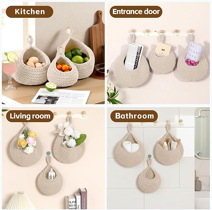 Hanging Storage Baskets Boho Decor Set of 3, Handmade Cotton Rope Wall-Mounted Fruit & Vegetable Baskets, Decorative Hanging Organizers for Kitchen, Entryway, Bathroom & Bedroom