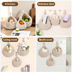 Hanging Storage Baskets Boho Decor Set of 3, Handmade Cotton Rope Wall-Mounted Fruit & Vegetable Baskets, Decorative Hanging Organizers for Kitchen, Entryway, Bathroom & Bedroom
