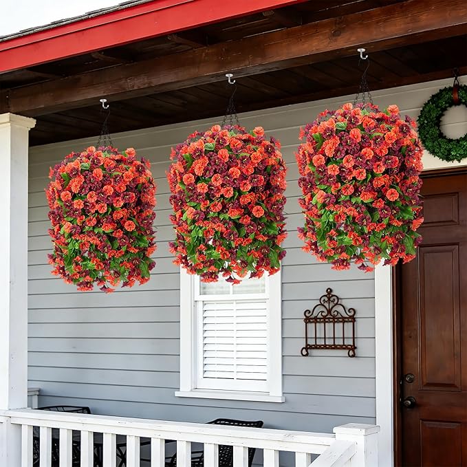 Artificial Flowers with Hanging Basket, Outdoor Faux Plants Silk Morning Glory Vines, Fake Green Arrangement for Garden Patio Spring Summer Decor(Orange Brown)