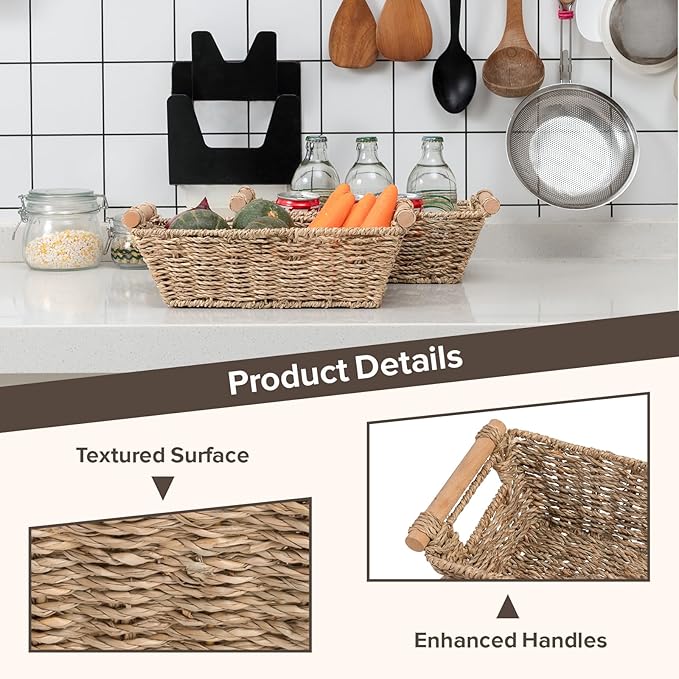 Small Wicker Baskets,small baskets for organizing,wicker storage Basket,small woven basket Seagrass Storage Baskets,Rattan Basket for Shelves Toilet Paper Basket with Handle,4 Pack
