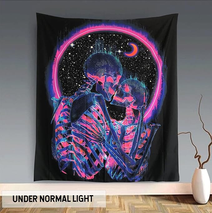 TUGCAY Blacklight Skull Tapestry Glow in the Dark Tapestry Kissing Lovers Tapestries Skeleton Neon Trippy Moon Stars Vertical Posters Wall Hanging Decor for Bedroom Aesthetic – 29.9” x 39.4”