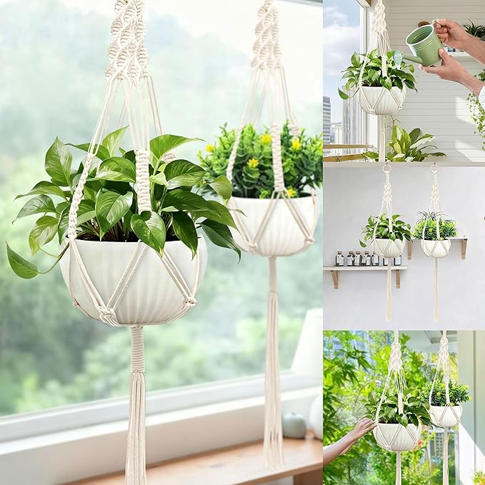 Macrame Plant Hanger, Hanging Planter Basket with Decorative Tassels, Decorative Flower Pot Holder for Indoor Outdoor Boho Home Decor, Set of 2 (Wooden Hanging Ring)