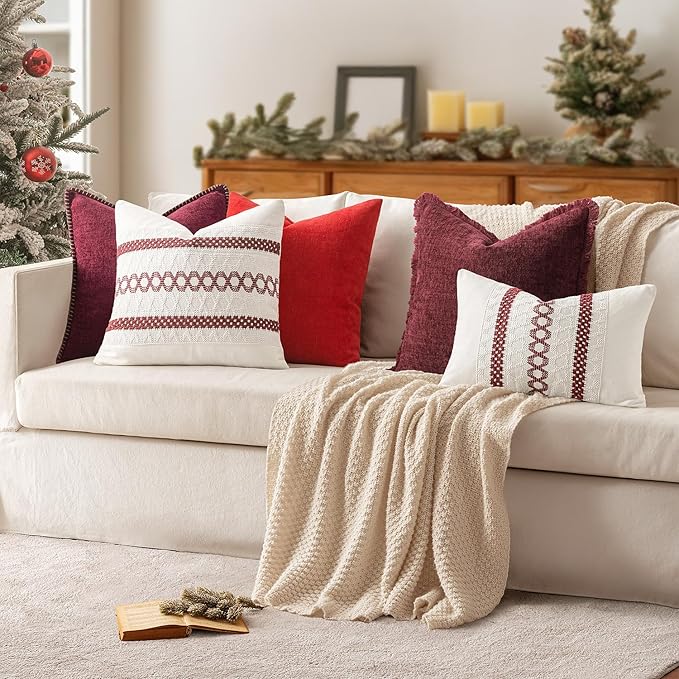 MIULEE Set of 2 Christmas Burgundy Boho Decorative Lumbar Pillow Covers 12x20 Inch Farmhouse Rustic Couch Throw Pillows Modern Cotton Cushion Covers Retro Macrame Woven Home Decor for Bed Sofa Chair