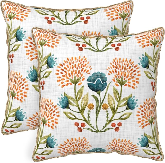 KSLIDS Floral Leaf Soft Velvet Throw Pillow Covers Set of 2 Orange Flowers Sage Green Leaves Decorative Pillow Covers 18x18 Inch Farmhouse Pillow Case for Sofa Couch Living Room Home Decor