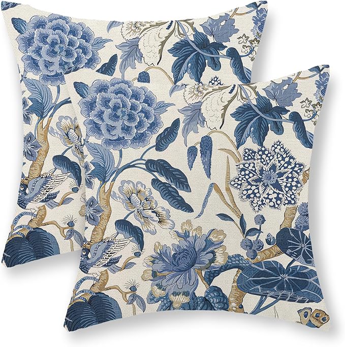 Blue Pillow Covers 16x16 Inch Set of 2 Vintage Blue Floral Throw Pillows Chinoiserie Flower Decorative Pillow Cases Outdoor Linen Farmhouse Cushion Cover for Couch Home Sofa Bed Decorations