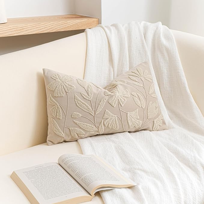 BlissBlush 12x20 Lumbar Pillow Cover, Rectangular Neutral Beige Decorative Throw Pillowcase for Couch Sofa, Embroidered Velvet Farmhouse Accent Cushion (Cover Only)
