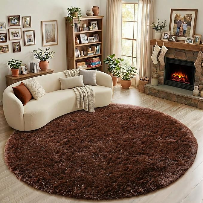 Amdrebio Dark Brown Round Circle Rugs 5Ft for Bedroom, Fluffy Shag Plush Area Rugs for Kids Room, Living Room Decor Aesthetic, Fuzzy Fur Floor Chocolate Coffee Carpet for Playroom Dorm Baby Nursery